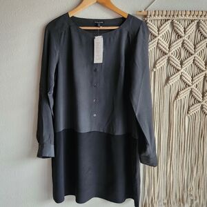 Eileen Fisher Petites Black Gray Color Block Silk Shirt Dress | Size PM NWT